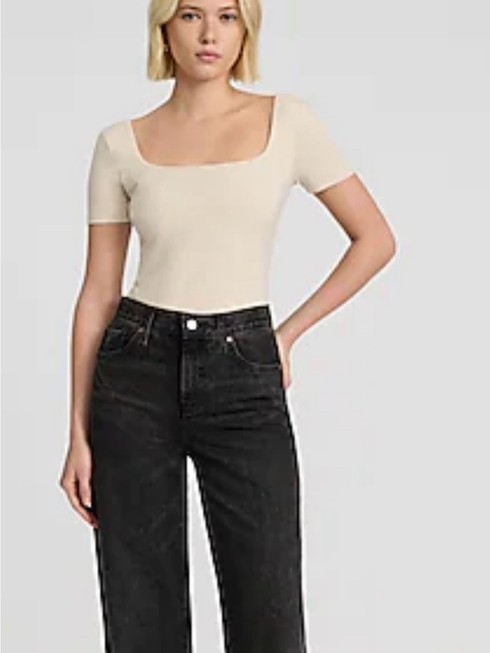 Express Square-Neck Short Sleeve Bodysuit in Light Cream